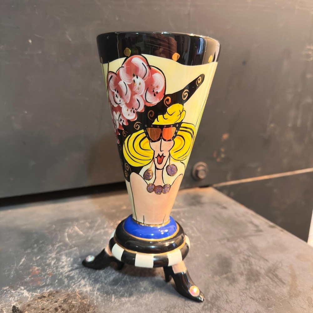 Whimsical Hand Painted Footed Art Mug Glam Lady Zebra Handle Pedestal‎ 2002